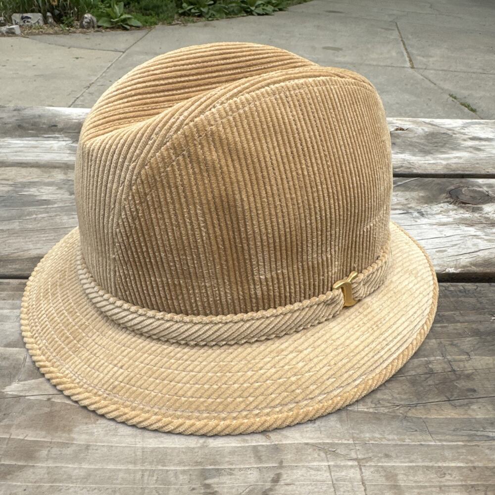 Vintage Sears Fedora Hat Corduroy Size 7-1/4- 7-3/8” Tan Colored Quilted Lining
